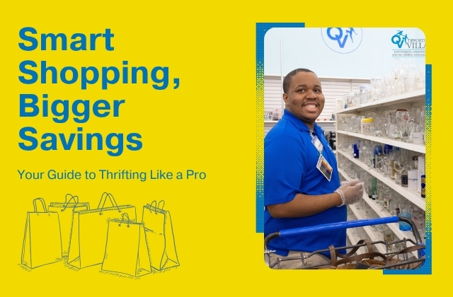 Picture of a man smiling while shopping at a thrift store, the text 'smart shopping, bigger saving, Your Guide to Thrifting Like a Pro' next to the image